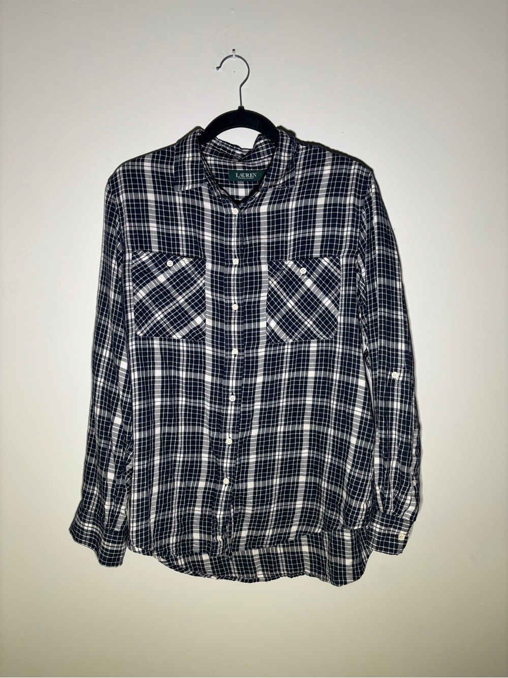 Lauren Ralph Lauren Navy Plaid Button Down Shirt Size XL